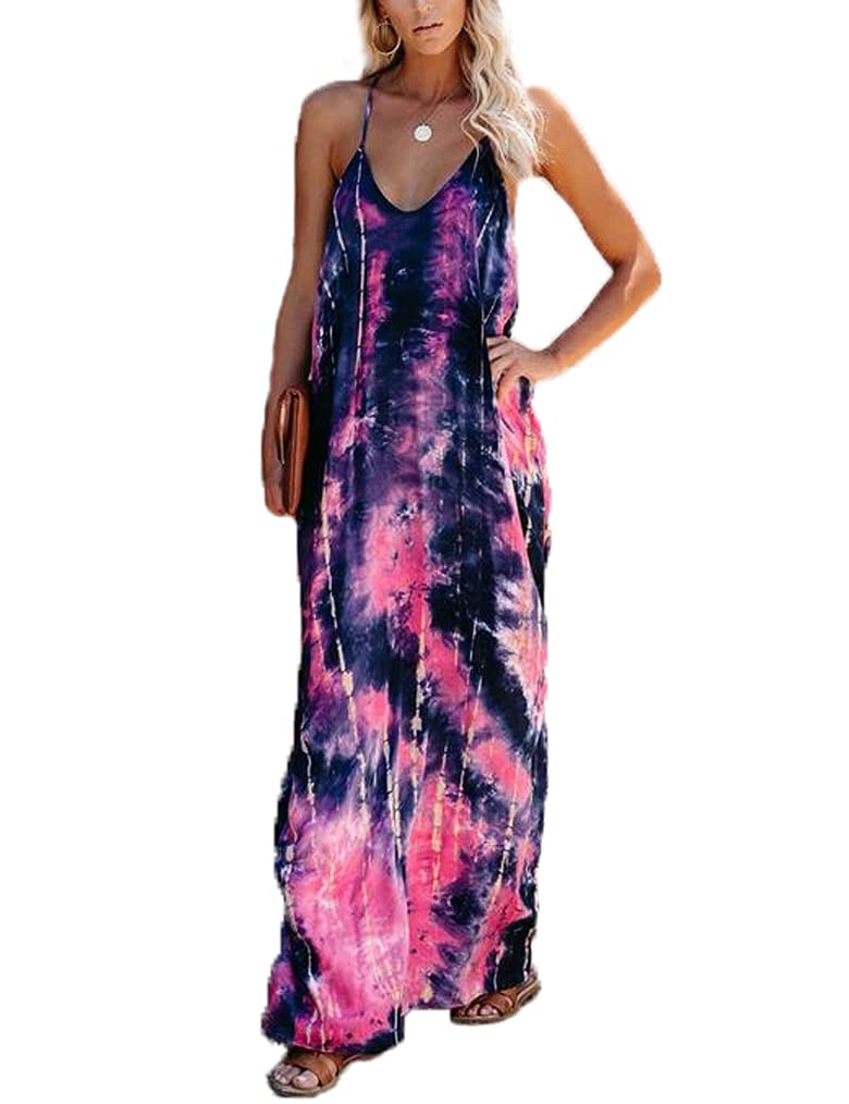 Poetsky Womens Casual Tie Dye Strappy Dress V Neck Sleeveless with Pockets Loose Long Maxi Sundress (M, PAT3) - Image 1